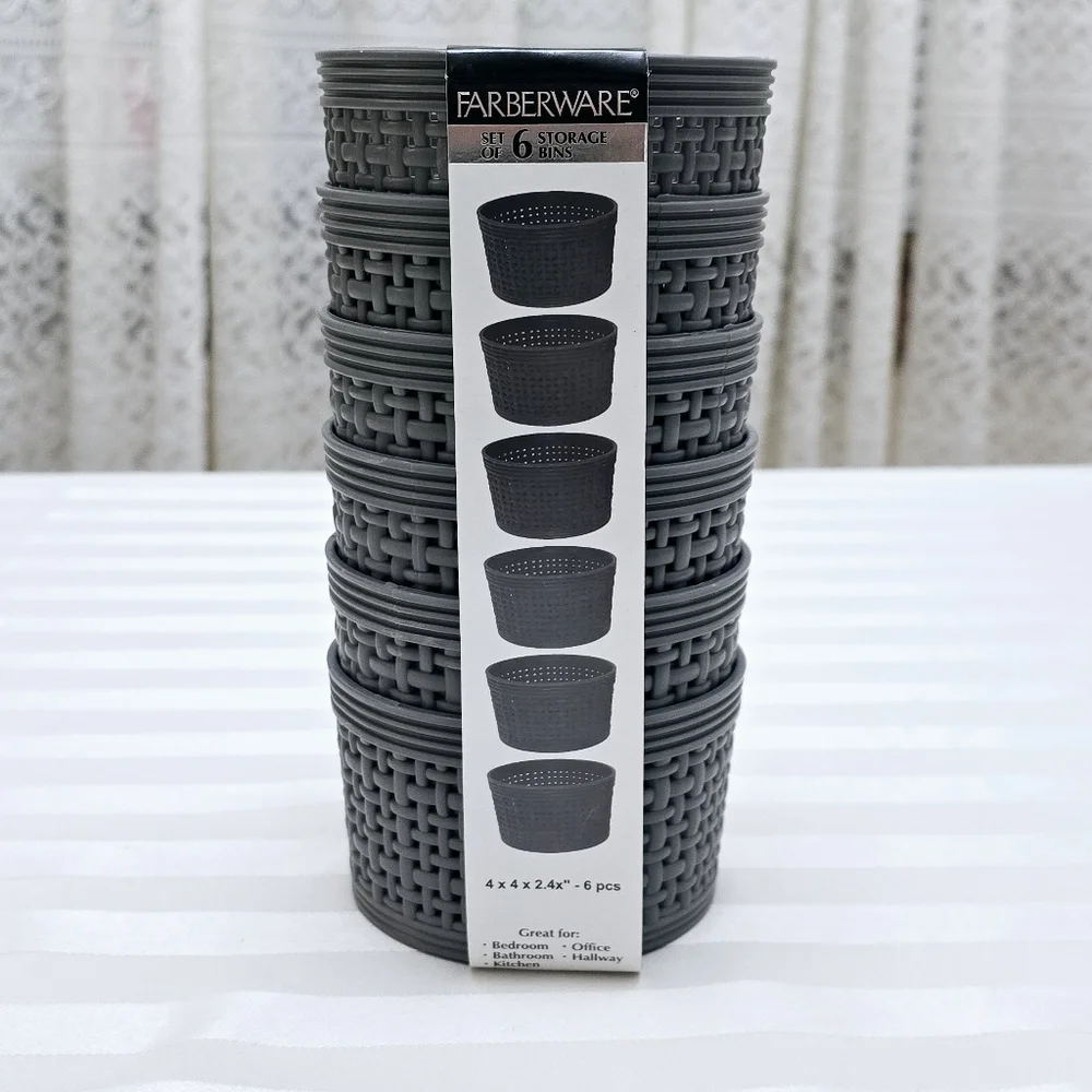 New 6pc Farberware Small Storage Bins Set Weave Gray Round Desktop Containers